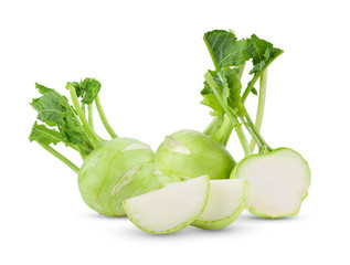 Fresh kohlrabi with green leaves on isolated white backround
