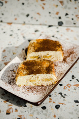 Cottage cheese baked cake, cheese cake pudding or casserole. Italian ricotta cheesecake. Delicious homemade cheesecake slice with berries 