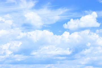 sunny cloudscape blue sky with white cumulus clouds cloudscape. Beautiful nature background backdrop sky. Bright sunny day, idyllic cloudy sky