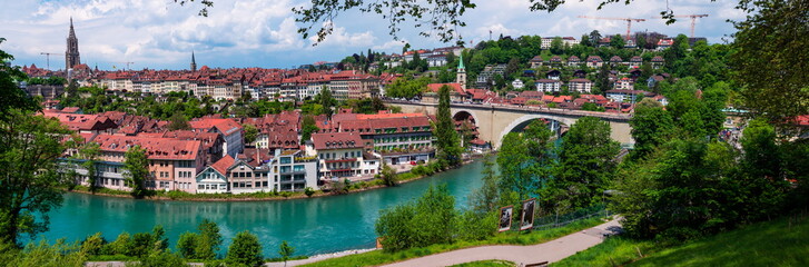 Fototapeta na wymiar Old city Bern Switzerland Aarau Aare river side panorama sunny summer day