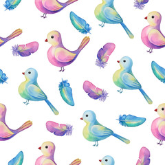 Pink and blue watercolor birds and feathers on a white background. Seamless pattern can be used for textiles, wrapping paper and stationery.