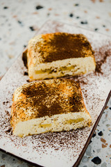 Cottage cheese baked cake, cheese cake pudding or casserole. Italian ricotta cheesecake. Delicious homemade cheesecake slice with berries 