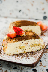 Cottage cheese baked cake, cheese cake pudding or casserole. Italian ricotta cheesecake. Delicious homemade cheesecake slice with berries 