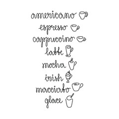 Сappuccino, espresso and latte word, cup of coffee, emblem or logo design, continuous line drawing, design element for menu, poster, banner, print, logo, isolated vector. Different types of coffee.