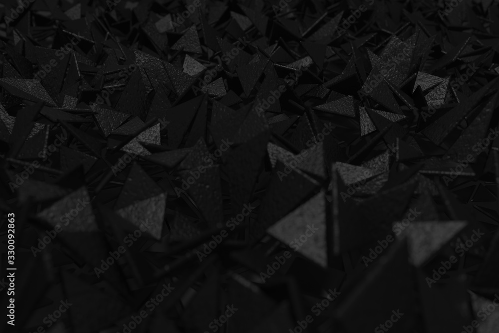 Poster 3d rendering of minimalistic black background with grunge triangle pieces. selective focus