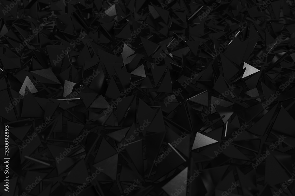 Poster 3d rendering of minimalist black background with triangle pieces. selective focus