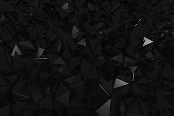 3d rendering of minimalist black background with triangle pieces. Selective focus