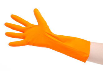 Hand in orange cleaning washing rubber gloves on white background isolation