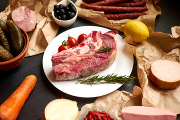 Ingredients, cooking meat soup from meat and various sausage hodgepodge.