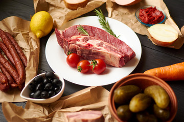 Ingredients, cooking meat soup from meat and various sausage hodgepodge.