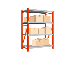 Vector illustration of an orange metal shelving with boxes on a white background.