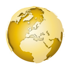 Earth globe. 3D world map with metallic lands dropping shadows on gold surface. Vector illustration