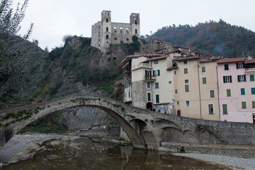 Dolceacqua (IM), Italy - December 19, 2017: View of Dolceacqua village with the Doria castle,...