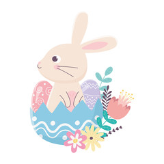 happy easter day, rabbit in eggshell eggs flowers foliage