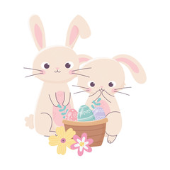 happy easter day, cute rabbits eggs in basket flowers nature