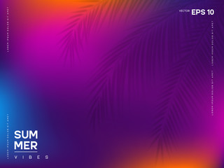 Summer vibes banner with abstract gradient colorful background and blur palm leaves. Template for night club, electronic music or dance summer party.