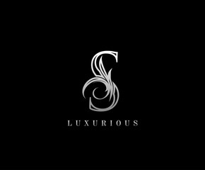 Initial S letter silver luxury beauty flourishes vintage monogram logo perfect for boutique, wedding invitation, restaurant,hotel.