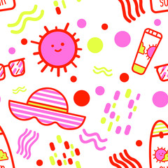 Sun screen fun hand drawn vector bright illustration seamless pattern isolated on white background with sunglasses, sun block cream and hat and absract figures in flat cartoon style trendy