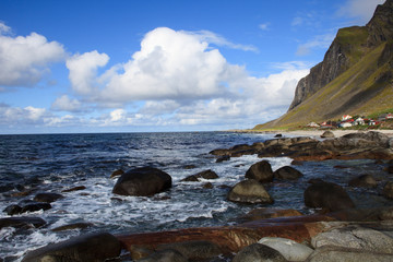 Lofoten Islands / Norway - August 28, 2017: The Vikten Beach, Flakstad Island, Lofoten Islands,...