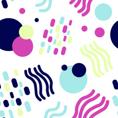 Abstract fun hand drawn geometric shapes in dark blue,light blue, pale pink and lemon colors.Trendy flat style design seamless pattern stock vector illustration for wrapping paper, textile, wallpaper