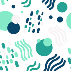 Abstract fun hand drawn geometric shapes in green blue marine colors.Trendy flat style design seamless pattern stock vector illustration for wrapping paper, textile, wallpaper, textile