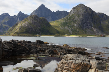 Lofoten Islands / Norway - August 30, 2017: Landscape near Nusfjord, Lofoten Islands, Nordland,...