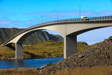 Lofoten Islands / Norway - August 30, 2017: A typical Bridge in Lofoten Islands, Nordland, Norway, Scandinavia, Europe