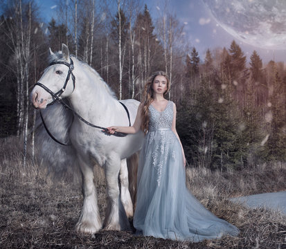 Art photo of a white horse in a winter forest and a beautiful blond maiden
