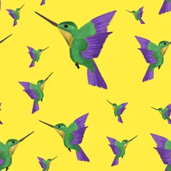 Fototapete Schmetterlinge nahtloses muster von aquarellgrünen und violetten colibri auf gelbem hintergrund. Kolibri-Druck. Exotisches Sommermuster. tropisches Stranddesign. Verpackung, Tapete, Textil, Stoff