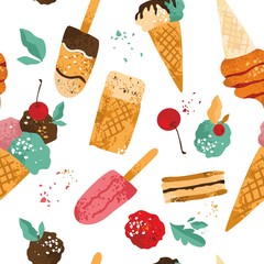 Decorative cartoon seamless pattern with ice cream drawn by hand on a white background. Cute waffle cones, ice cream balls, cherries to print on wallpaper, fabric, party decor. Vector illustration.