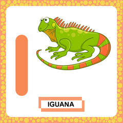 Letter I uppercase with cute cartoon Green Iguana lizard isolated on white background. Funny colorful flashcard Zoo and animals ABC alphabet. Education card for kids learning English vocabulary.Vector