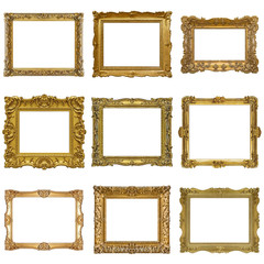 Set of golden frames for paintings, mirrors or photo isolated on white background