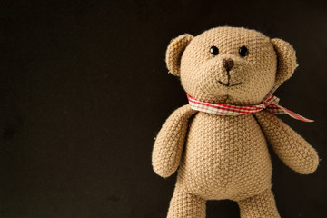 Brown teddy bear, toy is standing on a black background, close up