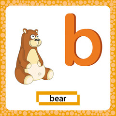 Lowercase Letter B. Alphabet letter B with funny bear isolated on white background. Cute vector Zoo alphabet in cartoon style. Education card for kids learning English vocabulary or alphabet. Vector