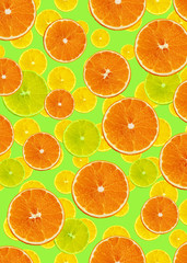 cute set with orange slices of orange, lemon and citron on a green background for menu or recipe, concept of vegetarian, vitamin and healthy food, background, textile, postcard, wallpaper