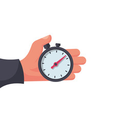 Stopwatch in hand, icon isolated on white background. Vector illustration cartoon flat design. Sport timer on competitions. Trainer holding stopwatch. Start, finish. Time management.