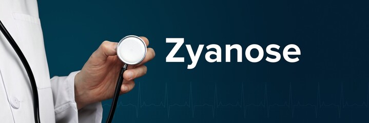 Zyanose. Arzt im Kittel hält Stethoskop. Das Wort Zyanose steht daneben. Symbol für Medizin,...