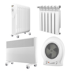 Heater Radiator Appliance Collection Set Vector. Wall Radiator And Electrical Oil-filled Device, Convector And Heat Fan Ventilator With Temperature Control. Concept Template Realistic 3d Illustrations