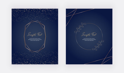 Gold confetti on the dark blue background with polygonal lines frame. Modern vector design for wedding invitation, greeting, banner, flyer, poster, save the date