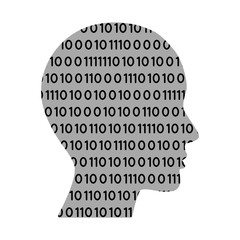 Vector illustration with modern concept of artificial Intelligence. Silhouette of a human head with binary code.