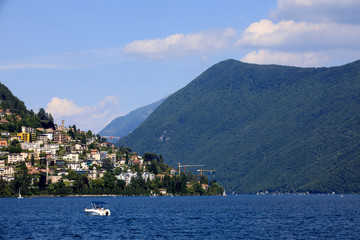 Lugano / Switzerland - June 01, 2019: Lugano lake view, Lugano, Switzerland, Europe