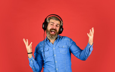 bearded man hipster in headset. listen audio book. Music beat for energetic mood. his favorite song. enjoy excellent sound song in earphones. good mood playlist. Man with headset