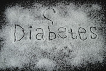 Sugar description in black. the word diabetes on a black background with a question mark