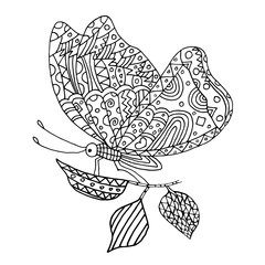 Hand drawn butterfly on branch,  isolated on white background. Perfect for antistress coloring page for adults and kids, t-shirt design, emblem, decoration, etc.  One of a series of painted pictures.