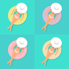 Woman with hat floating on rubber ring collage, summer vector illustration