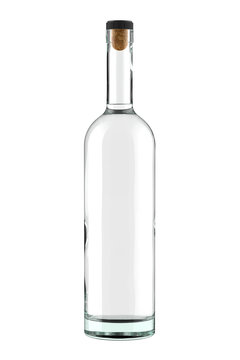 Clear White Glass Vodka, Gin, Rum or Tequila Bottle with Liquid and Cork. 3D Illustration Isolated on White Background.
