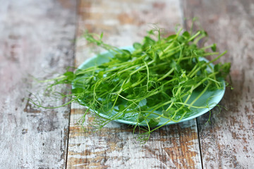 Plate with microgreens on a wooden surface.