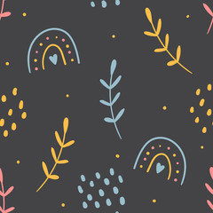 Kids hand drawn seamless pattern with rainbows for print, apparel design, textile. Modern cute girly background.