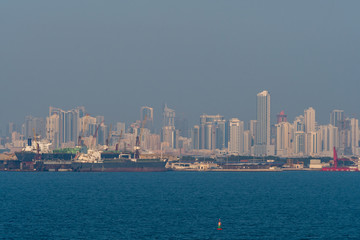 Naklejka premium View over the Ocean to the Manamah skyline in Bahrain