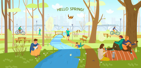 Spring park with people relaxing and doing sports. Hello spring horizontal banner. Friends having picnic, riding bikes, walking, running, boy laying on grass. City silhouette. Cartoon vector.